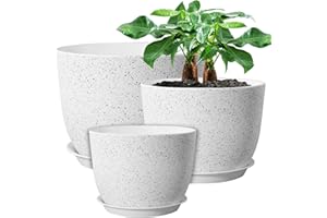 UOUZ 12/10/9 Large Modern Plant Pots, Plastic Planters with Drainage Holes and Saucers for Indoor Outdoor Plants Flowers, White Speckles