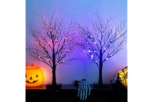 PEIDUO Halloween Decorations Indoor, 2PK Black Halloween Tree with 24 Orange Purple Lights, Lighted Halloween Trees Battery O
