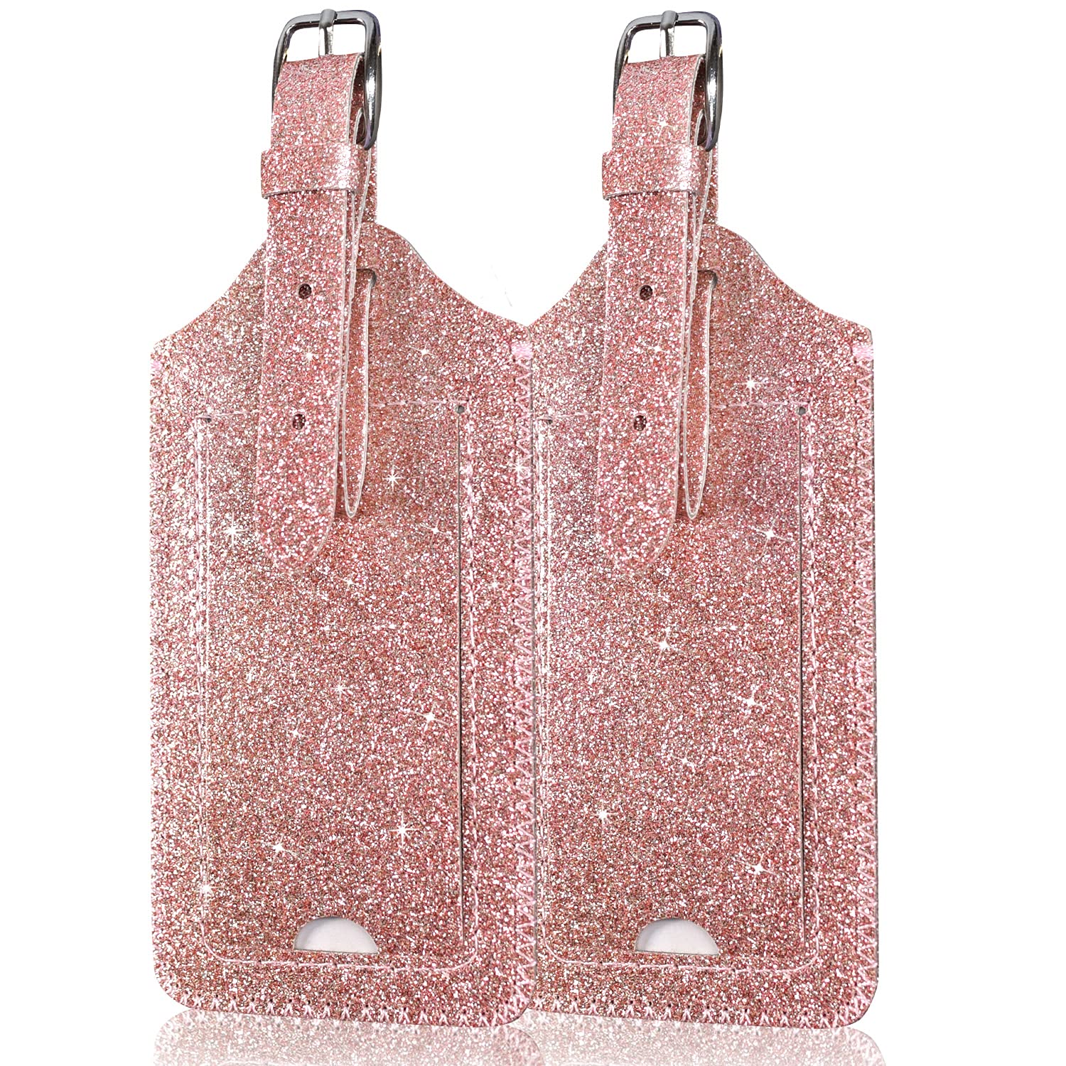ACdream Luggage Tags 2 Pack, Leather Suitcase Identifiers, Cute Cruise ID Labels with Privacy Cover fits on Backpack for Women, Men, Adults, Kids, Travel Bag, Glitter Rose Gold