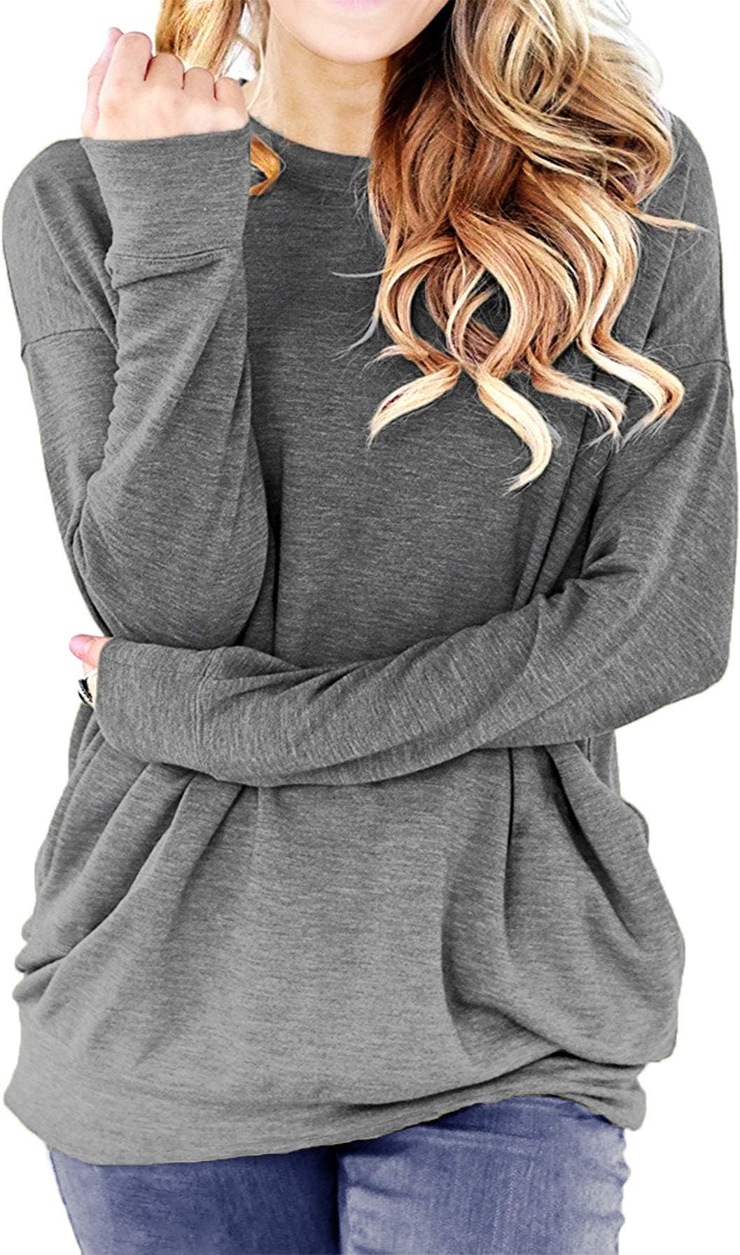 lymanchi Women Round Neck Long Sleeve Shirt Loose Baggy Pocket Pullover Tunic Top