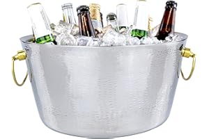 BREKX Insulated Metal Ice Bucket for Parties & Gifts- Double-Walled Hammered Stainless Steel Anchored Beverage Tub/Ice Bucket for Parties, Weddings, with Double-Hinged Gold Handles