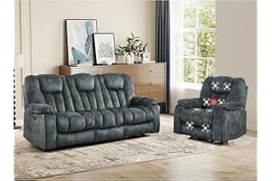 EBELLO 2 Piece Reclining Living Room Set, Soft Fabric Manual Recliner Sofa Furniture Set, Included Recliner Chair with Massage and Heat and 3 Seat Sofa, Grey