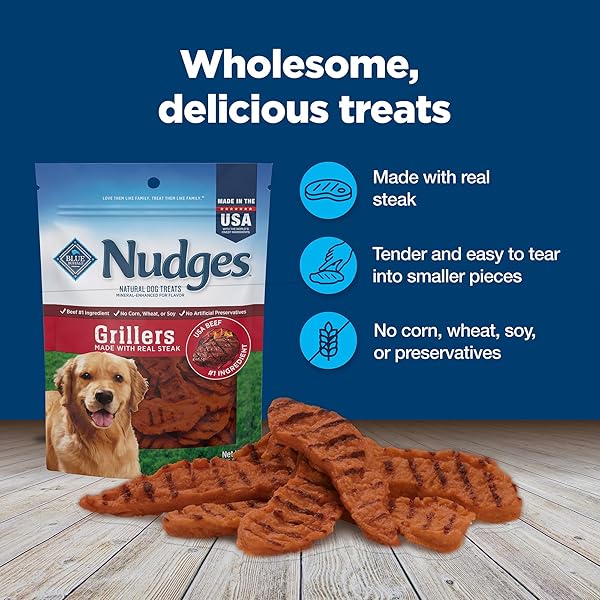 BLUE BUFFALO NUDGES GRILLERS NATURAL DOG TREATS, MADE IN THE USA WITH REAL STEAK, 5-OZ BAG