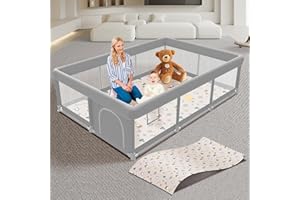Poudee Baby Playpen with Mat 74x50 inch, Playpen for Babies and Toddlers, Baby Play Pen Design with External Zipper Gate, Baby Play Yard with Non-Slip Suction Cups on The Bottom, Baby Fence, Grey