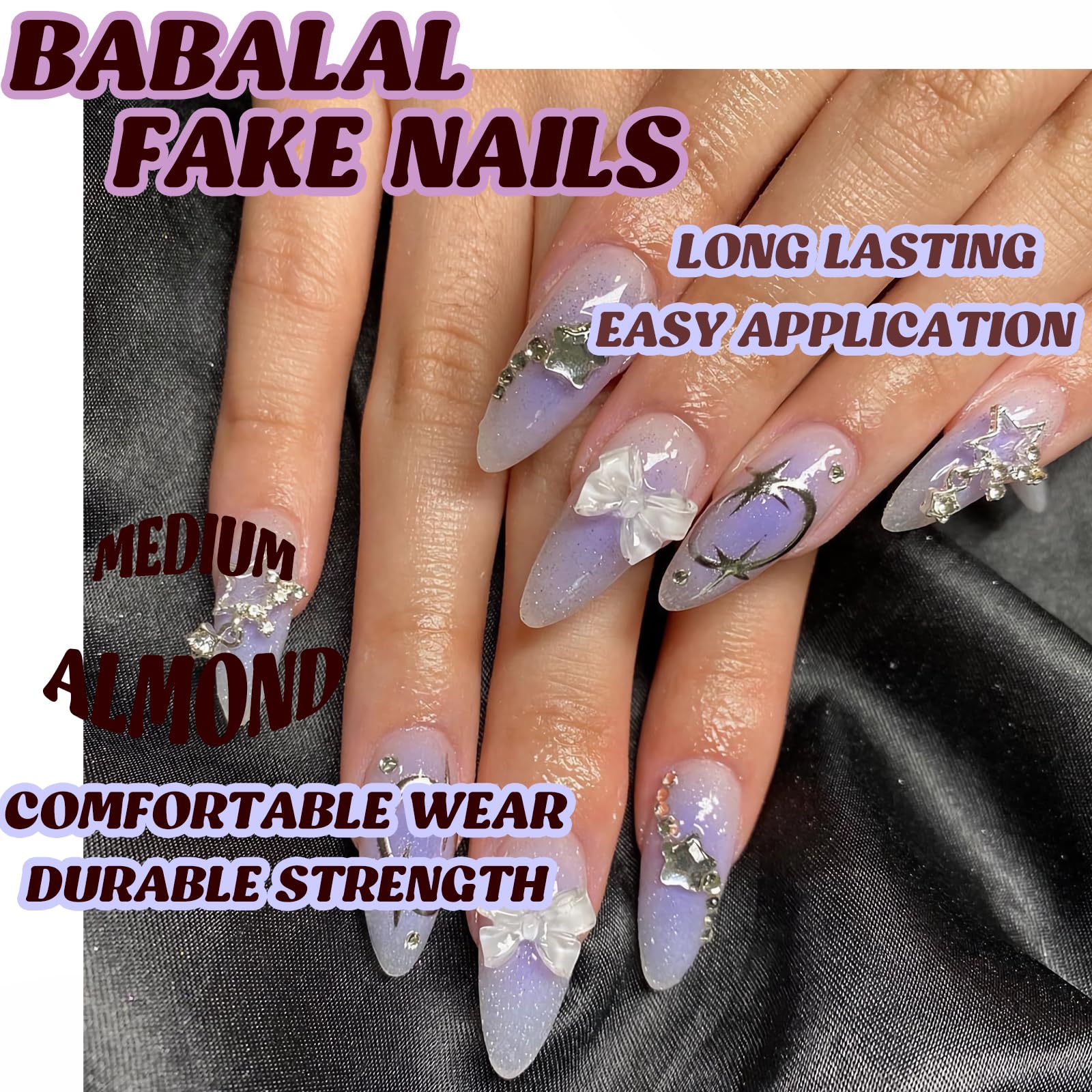 BABALAL Almond Shape Medium Purple & White Rhinestone Glitter Acrylic Nails - 24Pcs Stiletto Set Shiny False Nails for Women and Girls - Image 4