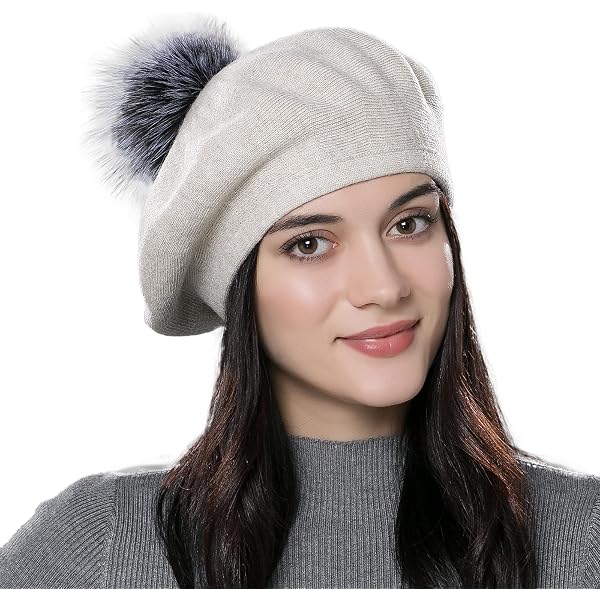 MINAKOLIFE Womens French Artist Wool Beret Fur Pompom Hats  display picture 3