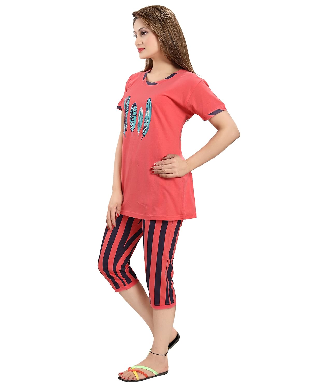 seemee dark orange and black polyester cotton capri and top night set