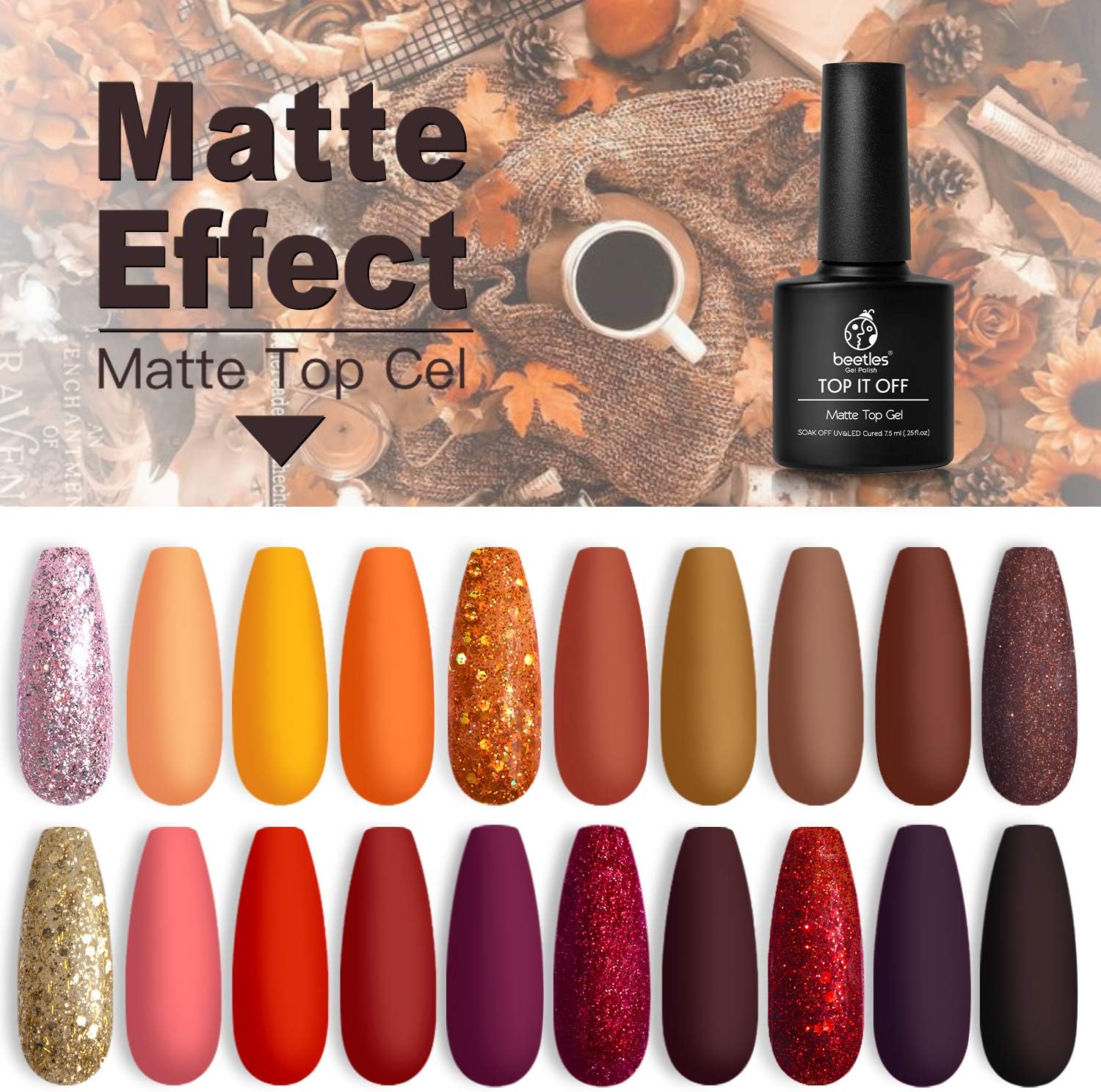 Beetles 20 Pcs Gel Nail Polish Kit, Fall Harvest Collection Soak Off Nail Gel Polish Gold Yellow Nail Polish Red Burgundy Glitter Gel Polish Starter Kit with Glossy & Matte Top Coat and Base Coat : Beauty