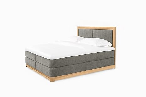 Hoss Boxspringbett Day, Massivholz Buche, Polsterstoff Braun, Bonnell-Box, 7-Zonen H3 Taschenfederkern-Matratzen, Kaltschaum-