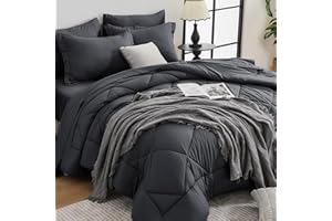 HEVUMYI 7 Pieces Queen Comforter Set, All Season Reversible Bed in a Bag, Ultra Soft Queen Bedding Set with Grey Comforter, Flat Sheet, Fitted Sheet, Pillowcases, Pillow Shams, Dark Grey