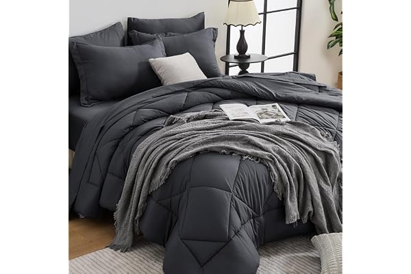 HEVUMYI 7 Pieces Queen Comforter Set, All Season Reversible Bed in a Bag, Ultra Soft Queen Bedding Set with Grey Comforter, F