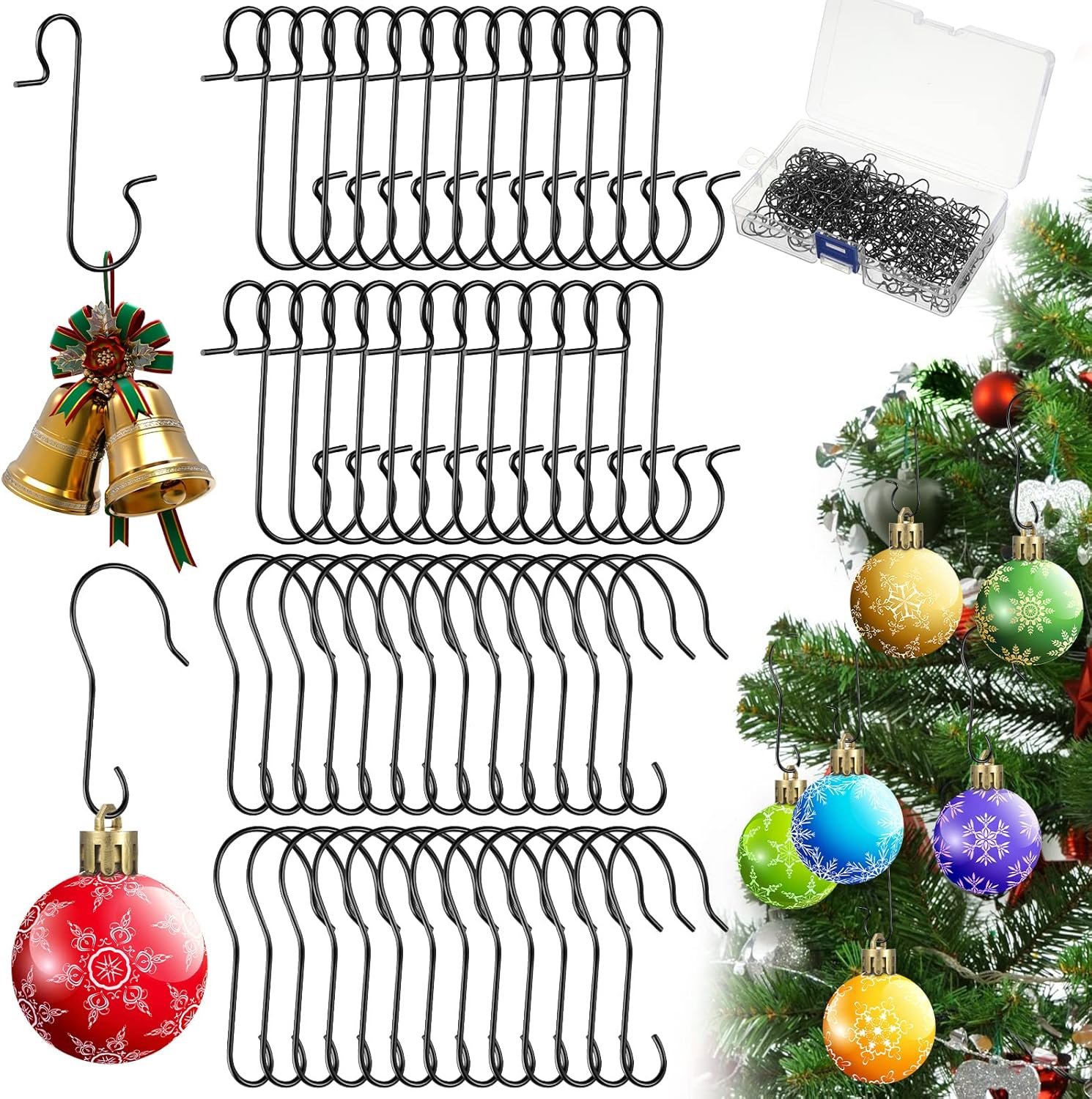 Ornament Hooks - 200 Pieces Christmas Ornament Hooks Bulk 1.6 Inch Metal Xmas Tree Ornament Hangers C and S Shaped Ornament Hooks with Storage Box for Christmas Tree Ornaments Hanging Decorations (Black)