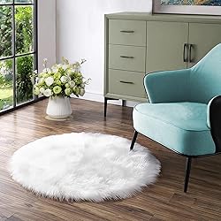 Latepis White Round Rug 3ft Faux Sheepskin Fur