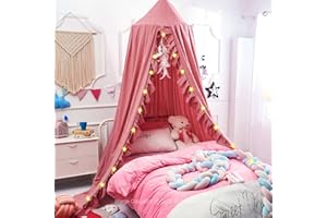 Hommi Lovvi Kids Bed Canopy, Dreamy Frills Canopy for Girls Bedroom Soft Ceiling Hanging Decoration Princess Canopy Net Reading Nook, Extra Large Full Size Bed Canopies with Light - Red Bean