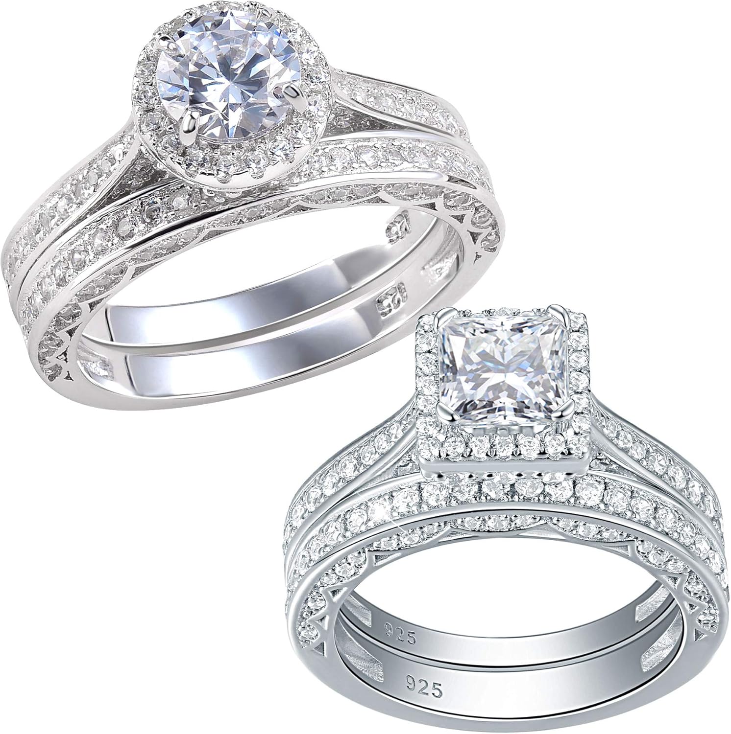 Newshe 2.4Ct Round Wedding Rings for Women and 925 Sterling Silver 1.5Ct Princess