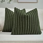 FUTEI Olive Green Throw Pillow Covers Set of 2, 18x18 Inch Soft Faux Rabbit Fur Striped Texture Cushion Cases, Modern Decorative Couch Pillows for Living Room Bed