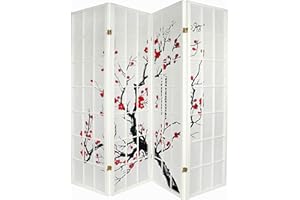 Legacy Decor 4 Panel Room Divider Privacy Screen Panel Blossom Shoji Design White Color 71 inches Tall