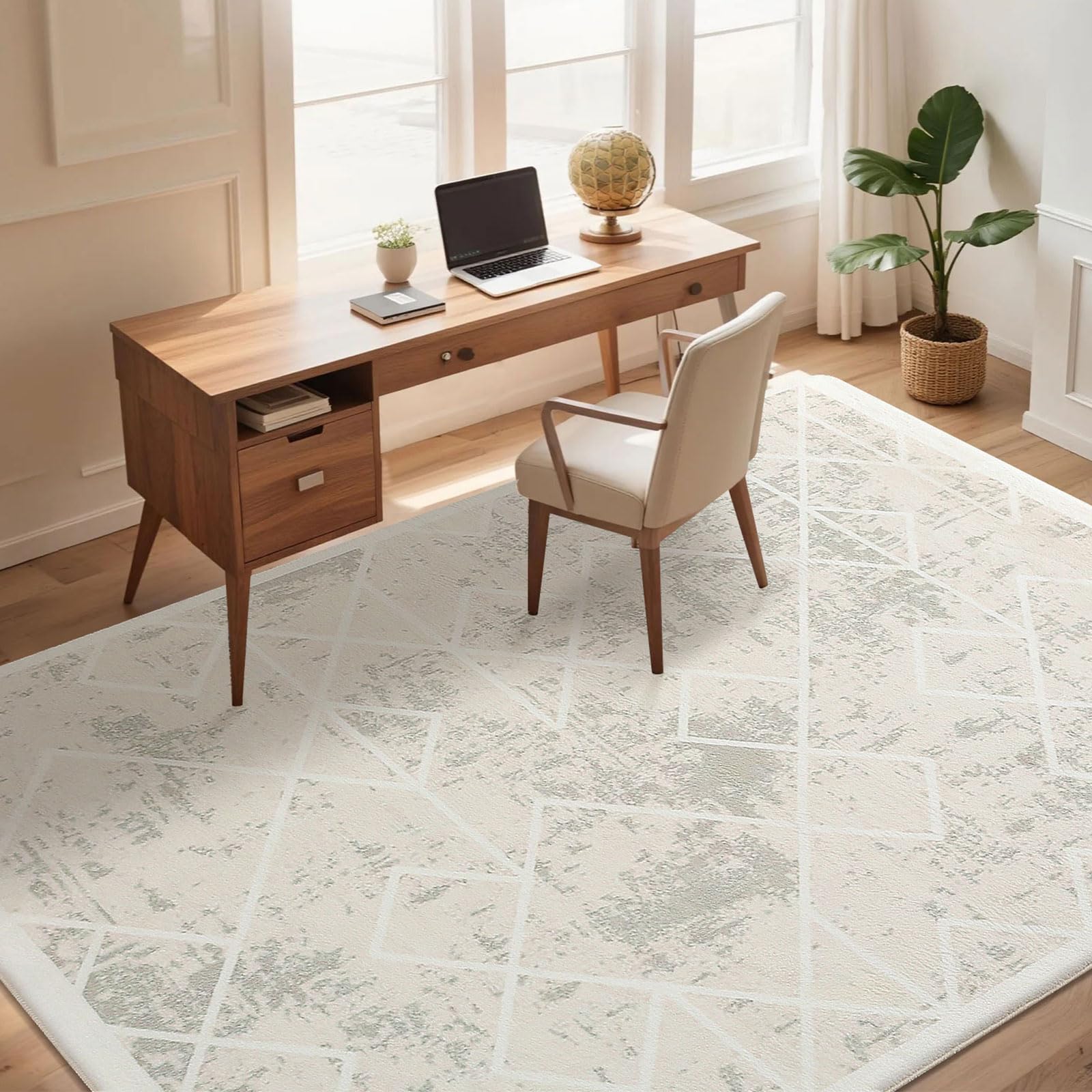 Leesentec Rugs Living Room Bedroom Rug Modern Short Pile Rugs Bohemian Carpet Abstract Geometric Straight Line Pattern Carpets Non-slip Large Rug (Ivory/Green White, 120 x 160 cm)