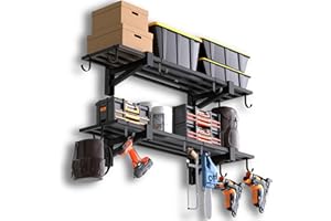 TRUSOON 2-Pack Garage Wall Shelving, Heavy Duty Garage Storage Shelving With Hooks, Shelving Wall Mounted Holds 250 lbs Each,Black