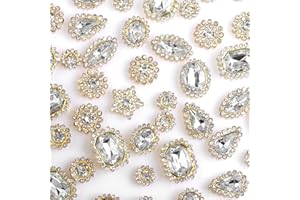 OEMOO 50 PCS Sew on Rhinestones Mixed Shapes Glass White Rhinestones Sew on Crystal Gems Mental Flatback with Gold Claw for Jewelry Crafts Clothes DIY Craft Shoes Dress Jewelry Making