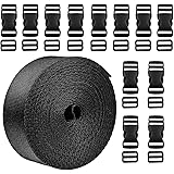 1 Inch Wide 10 Yards Black Nylon Heavy Webbing Strap+12 Set Plastic 1 Inch Flat Side Release Buckles and Tri-Glide Slides for