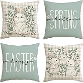 AVOIN colorlife Happy Easter Buffalo Plaid Rabbit Throw Pillow Cover, 18 x 18 Inch Eucalyptus Leaves Hello Spring Cushion Case Decoration for Sofa Couch Set of 4