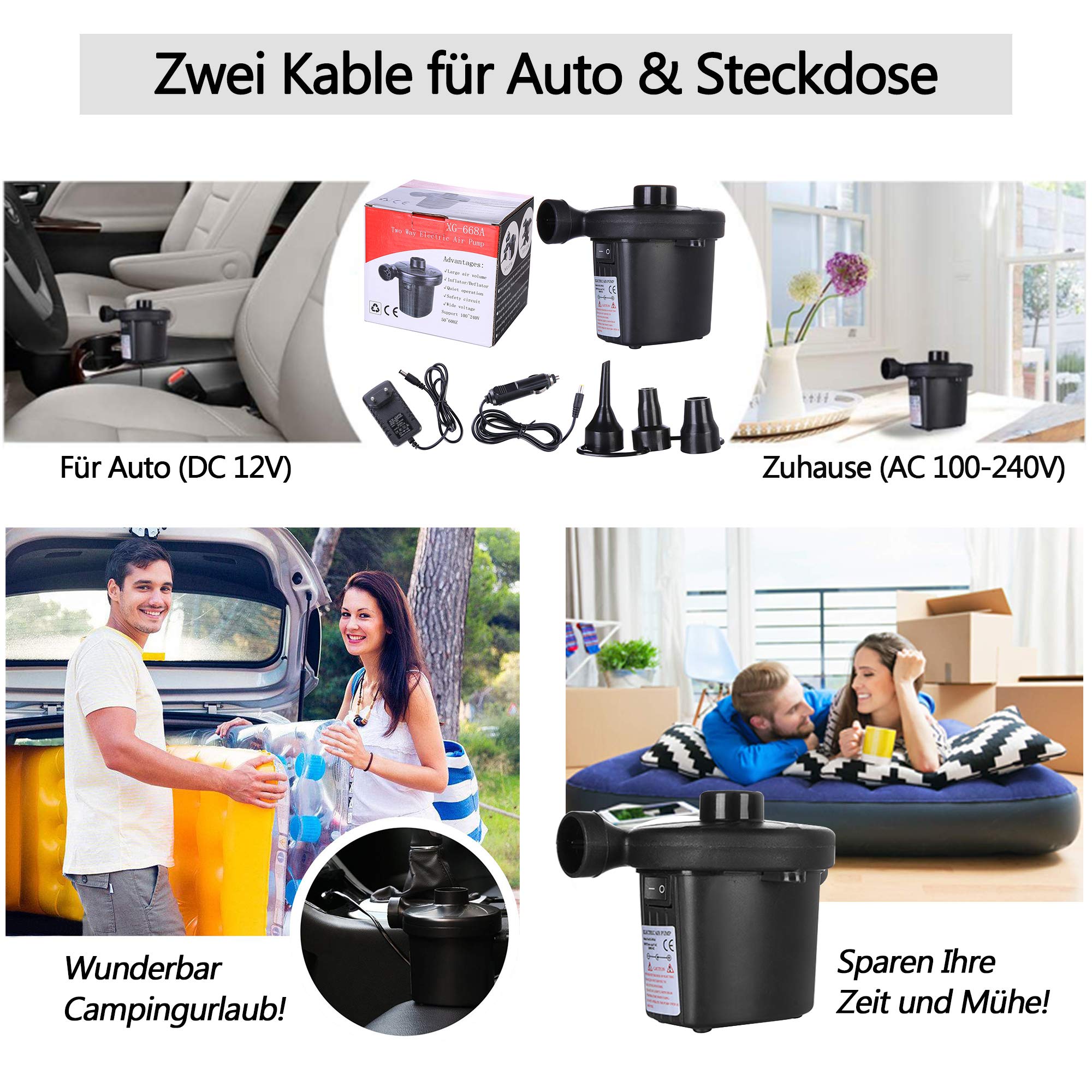 Elektrische Luftpumpe, Luftmatratze Pumpe 2 in 1 schnelles Auf/Abpumpen AC 100-240V/DC 12V, Elektropumpe mit 3 Aufsätzen für aufblasbares Matratze, Planschbecken, Zelt, Schlauchboote, Schwimmring