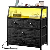 EnHomee Nightstand, 4 Fabric Drawer, LED Lights, Bedside Table | Charging Station, 22 Inch Wide, 2-tier Storage Shelf, Small End Table for Bedroom, Living Room, Black
