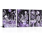 FuShvre Skeleton Bathroom Decor Moody Skeleton Wall Art Pictures for Bathroom Gothic Painting for Home Decoration Framed 12x16 inch each piece (Purple)