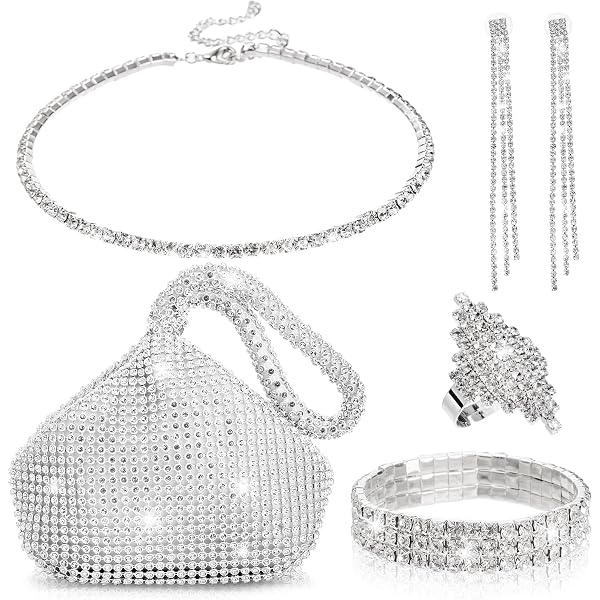 Kigeli Rose Gold Rhinestone Evening Clutch & Jewelry Set - Necklace, Bracelet, Earrings - View #4