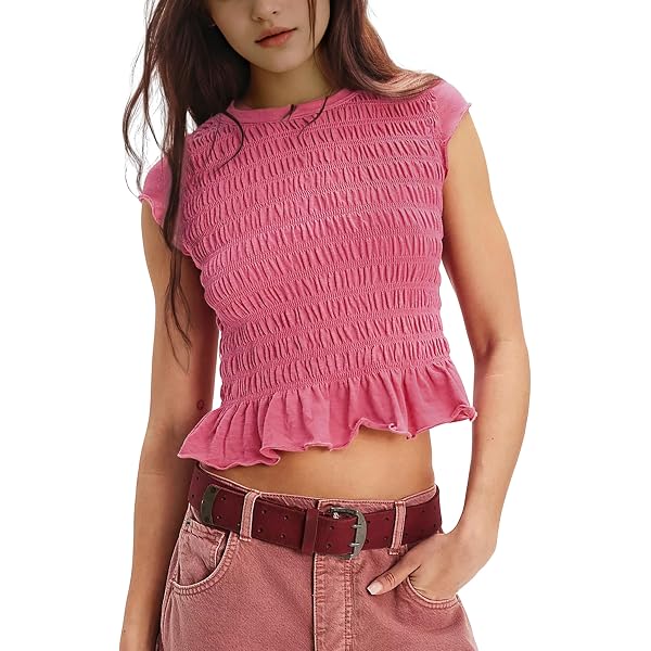 Women's Y2K Smocked Crop Top - Shirred Short Sleeve Ruffle Hem Going Out Tee