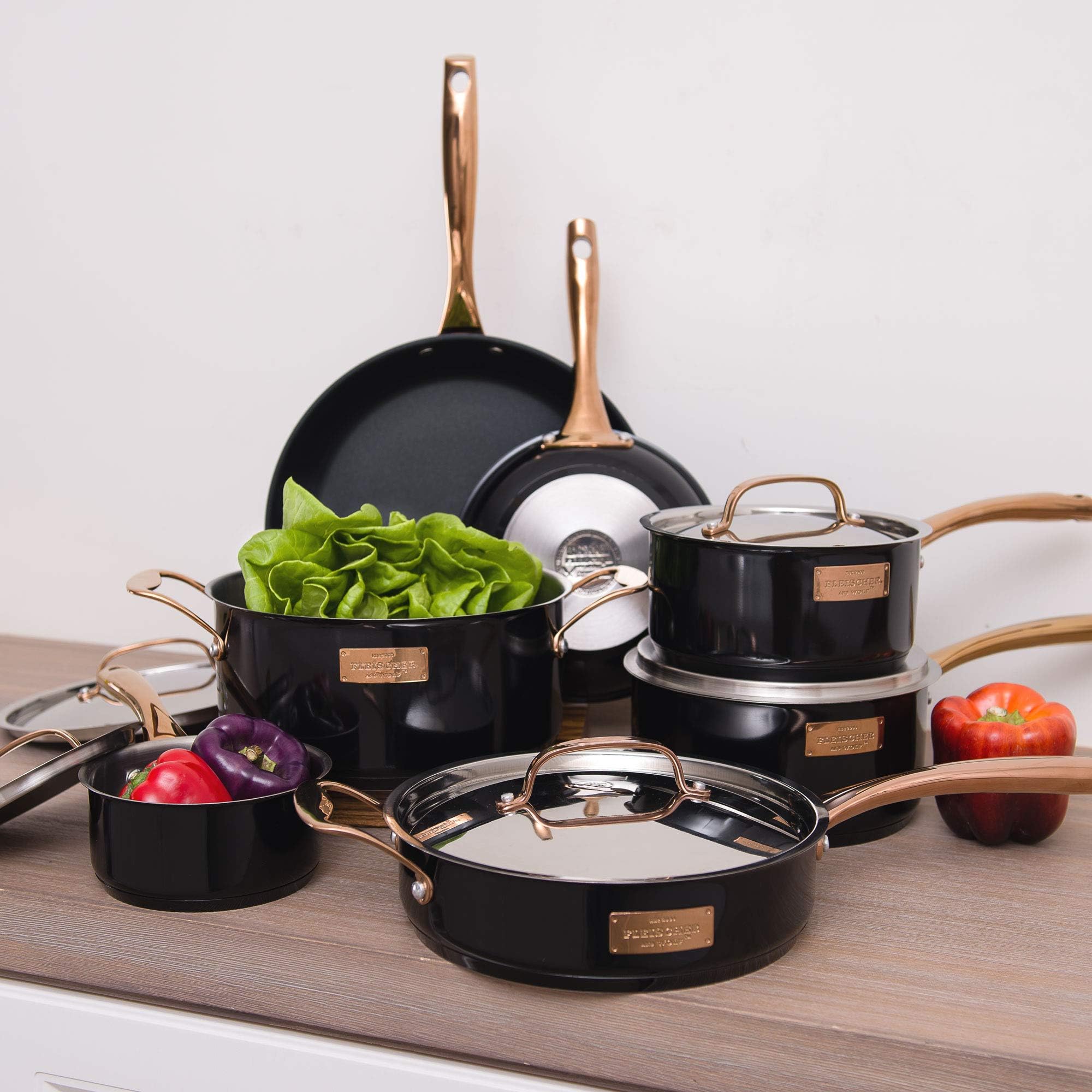 Fleischer & Wolf Induction Nonstick (Fry) Cookware Set 12pcs Stainless Steel Aluminum Pots Pan Dishwasher Safe (Black)