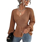Veatzaer Womens V Neck Sweaters Fall Trendy Casual Long Lantern Sleeve Ribbed Knit Pullover Sweater Tops