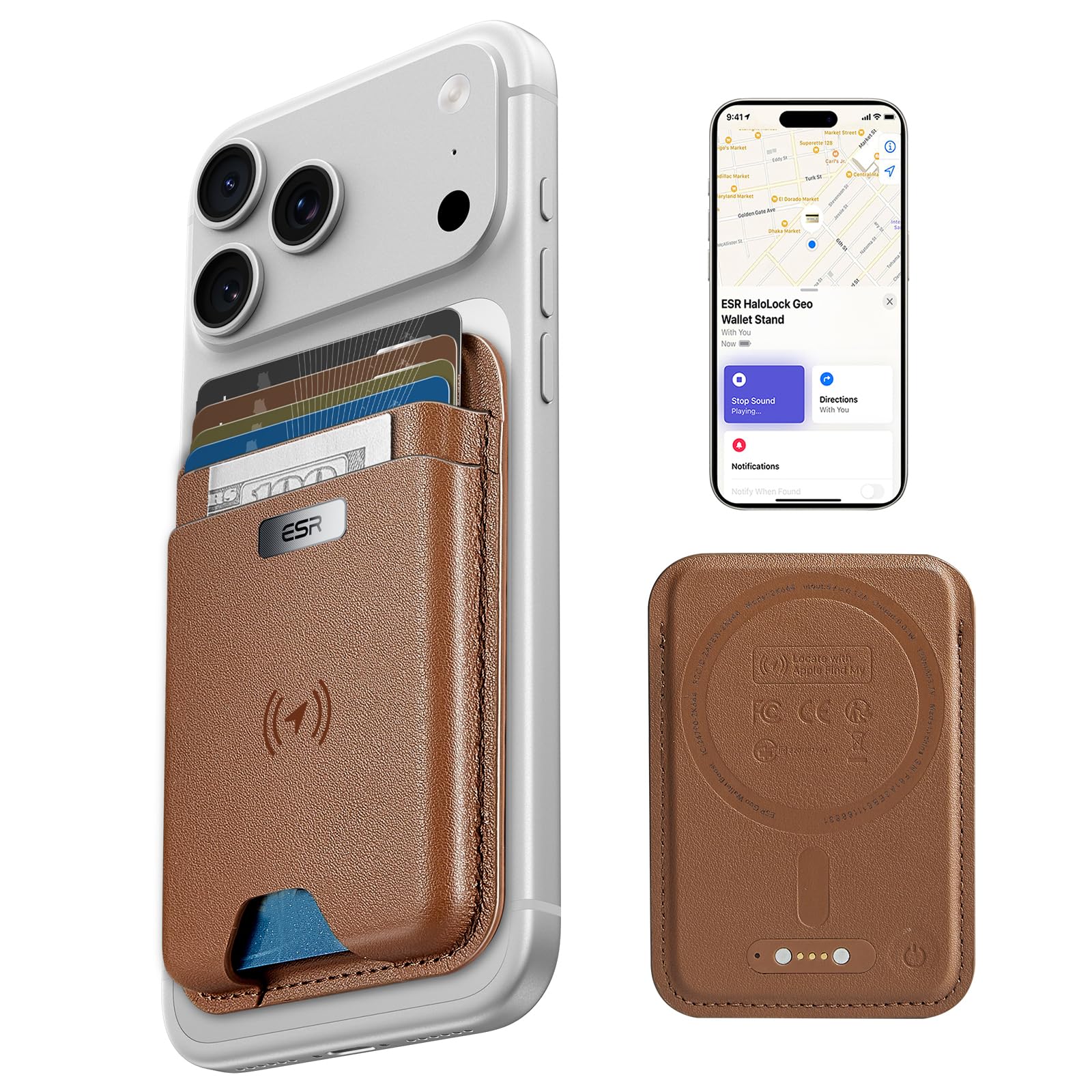 Photo 1 of ESR Geo for MagSafe Wallet with Full Find My Functionality, RFID Blocking, 5 Cards Holder for Phone Case, Strong Magnetic Wallet for iPhone 17/16/15/14/13/12 Series, Not for 13/12 Mini, Brown