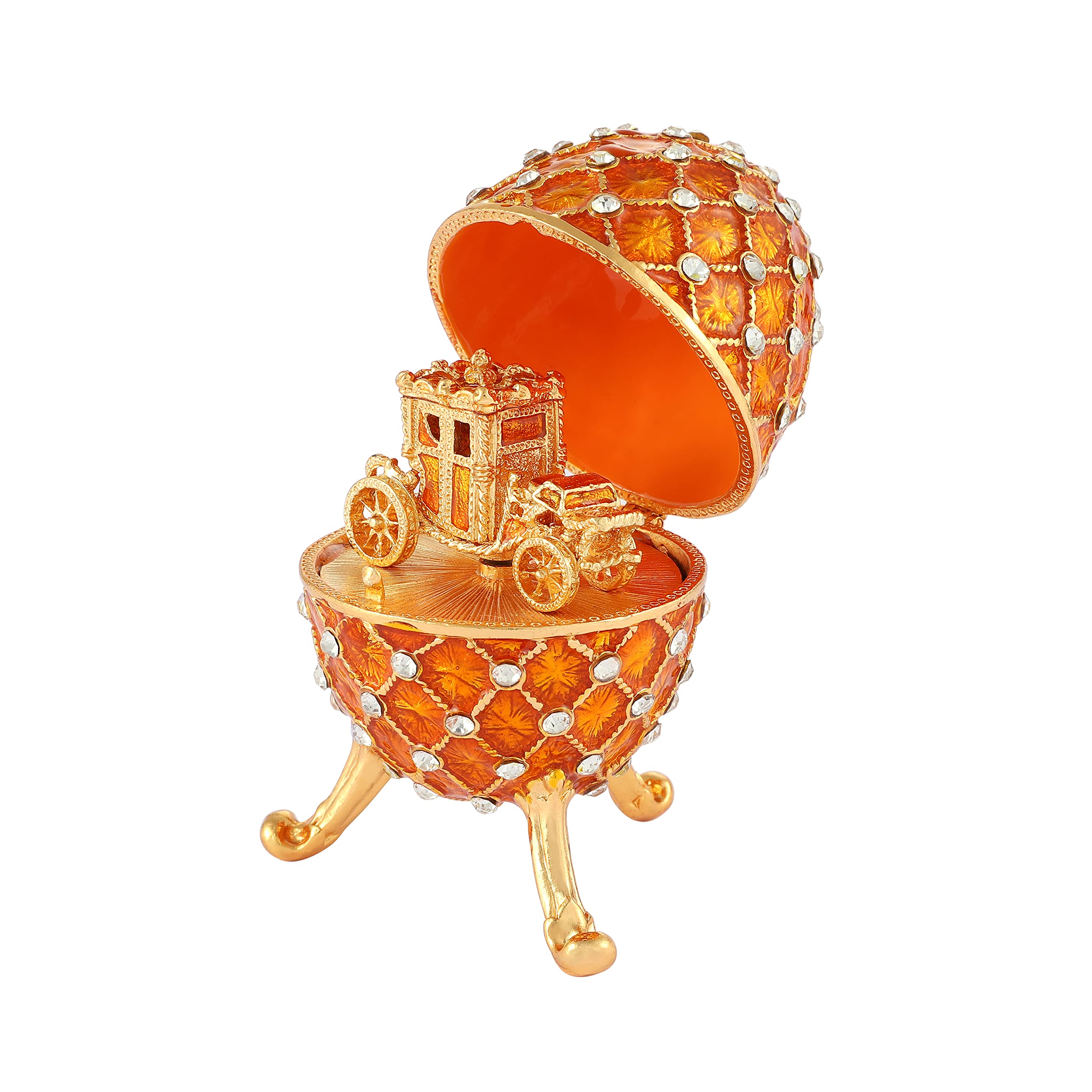 QIFU Vintage Golden Easter Egg Style Enamel Trinket Box with Mini Carriage(QF5291)