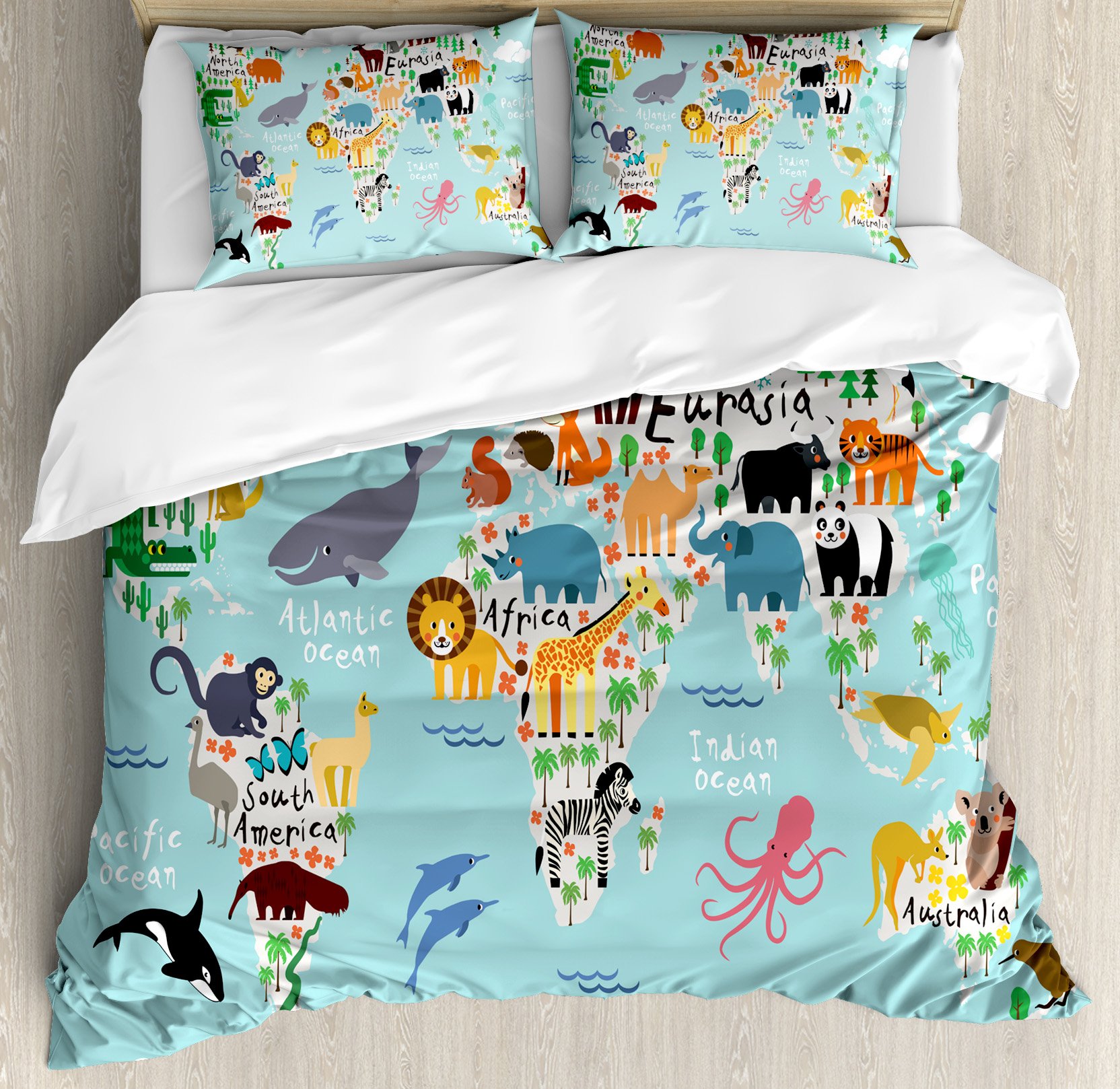 Ambesonne Africa Duvet Cover Set, Educational World Map Africa Camel America Lama Alligator Ocean Au