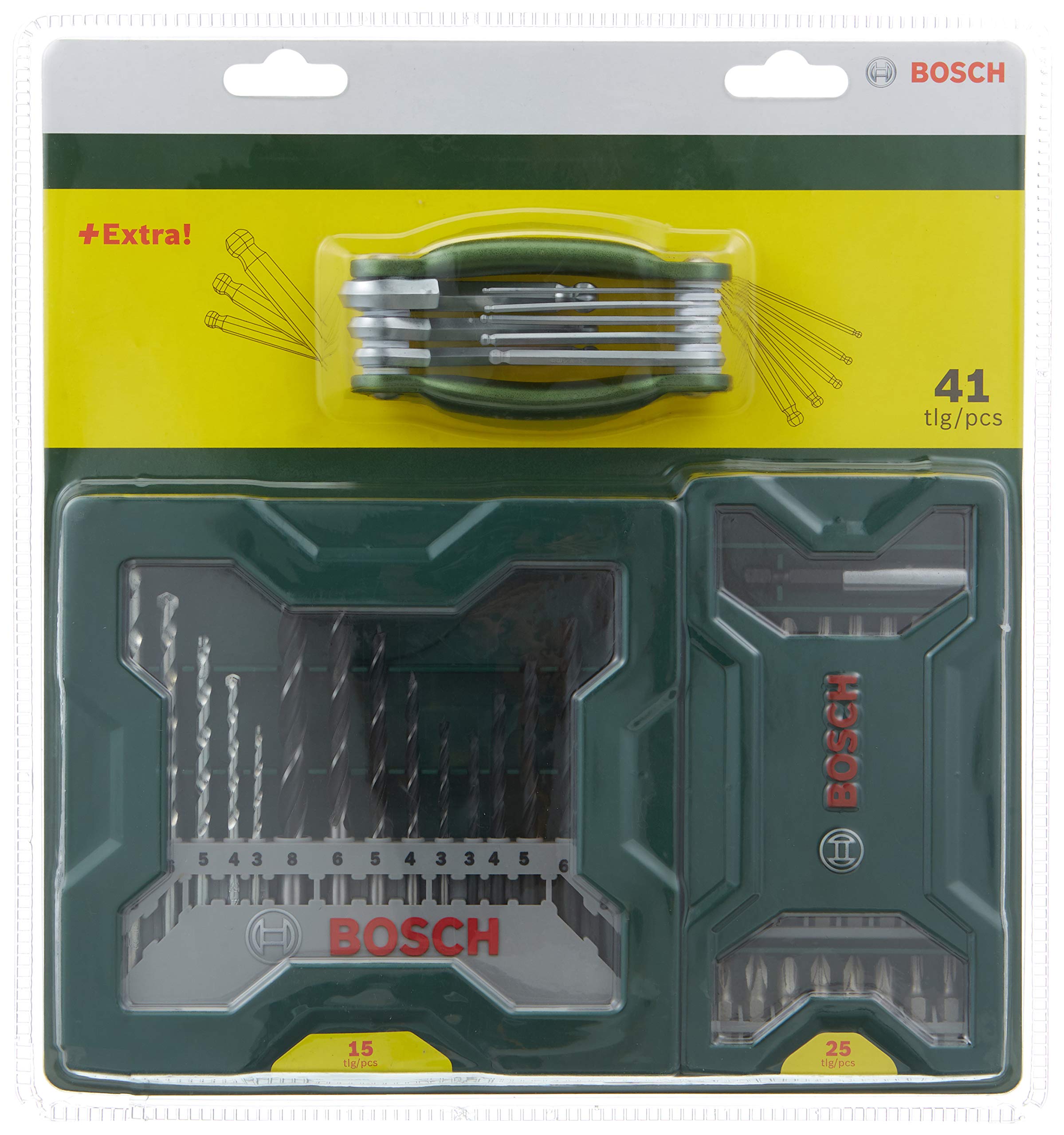 Bosch 2607017333 Mixed Drill Bit Set (15-Piece) Plus Screwdriver Bit Set (25-Piece) Plus Folding Hex Tool