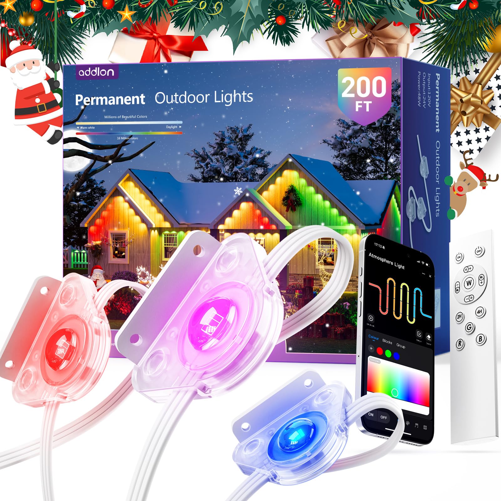 Photo 1 of addlon Permanent Outdoor Lights, RGB+IC Color-Changing LED House Lighting with App & Remote, Christmas Light Effects, IP67 Weatherproof Outdoor Lights for Holidays & Christmas Decorations, 200FT