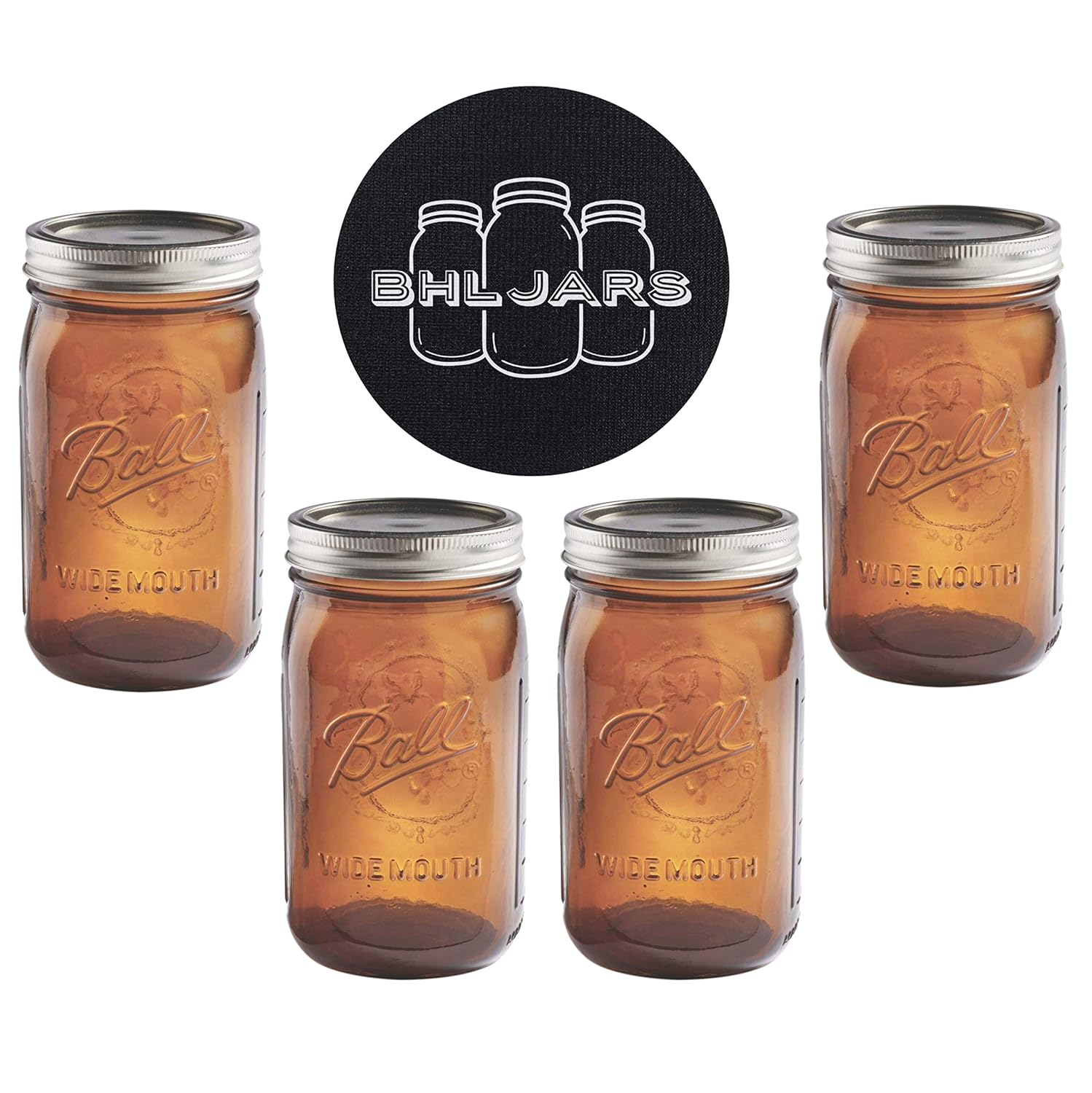 Ball Mason Jars 32 oz Wide Mouth Amber Colored Glass Bundle with Non Slip Jar Opener- Set of 4 Quart Size Mason Jars - Canning Glass Jars with Lids