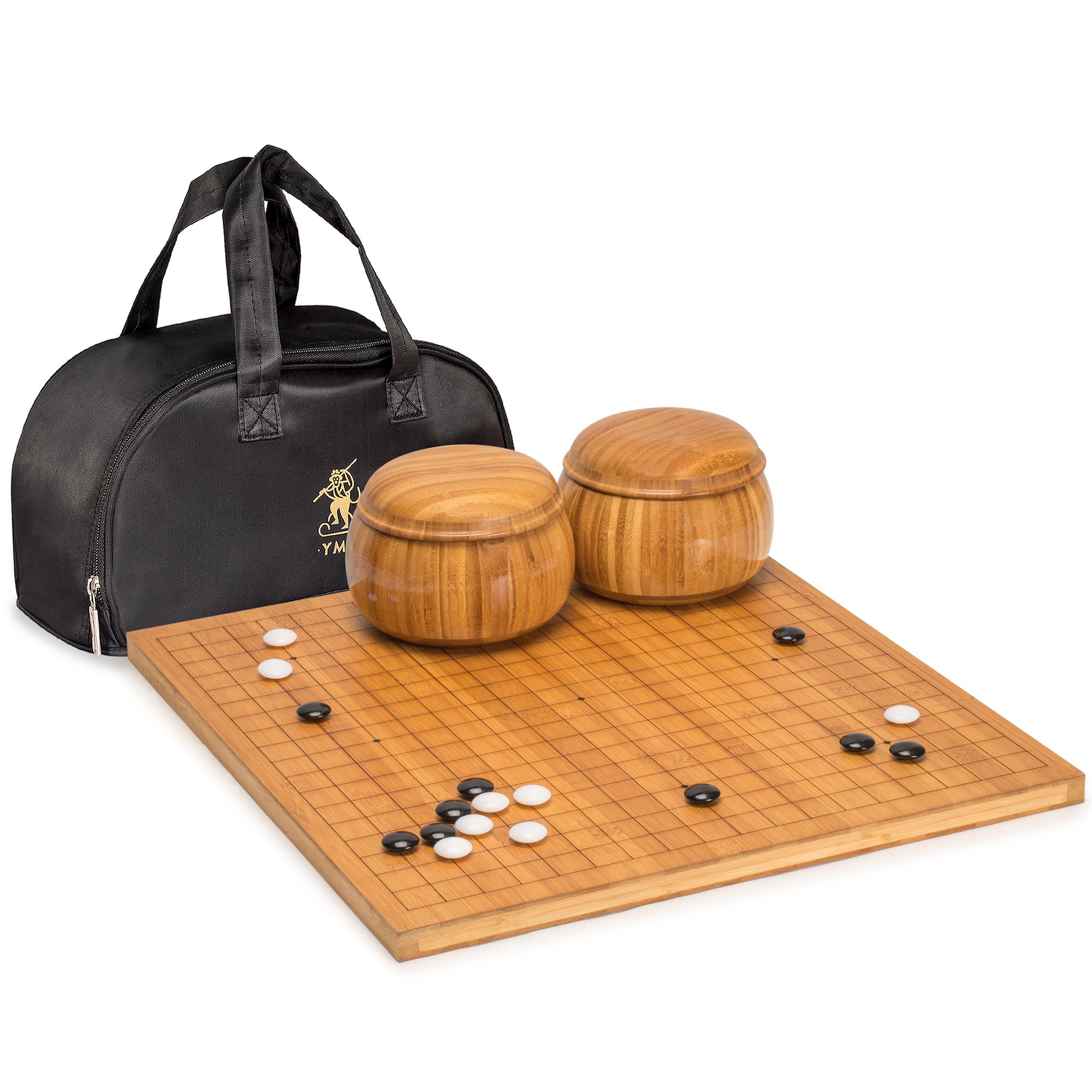 Yellow Mountain Imports Bamboo Etched Reversible 19x19 / 13x13 Go Game Set Board (2-centimeter) with Double Convex Melamine Stones and Bamboo Bowls - Classic Strategy Board Game (Baduk/Weiqi)