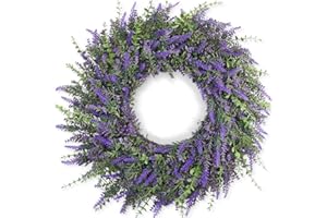 FOTEEWL 26'' Large Eucalyptus and Lavender Wreath for Front Door, Porch, Window- Artificial Eucalyptus Leaves with Lavender Wreath for Home, Farmhouse Wall Decor- Spring, Summer, Fall, All Seasons (Purple)