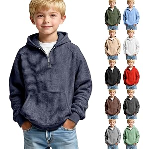 SEHIOZNI Boys Waffle Knit Hoodies Kids Long Sleeve Quarter Zip Hooded Sweatshirt Teens Pullover Tops Fall Clothes With Pocket