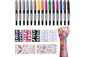 SUSIKEKI Temporary Tattoo Markers for Skin, 15 Colors Tattoo Pen + 50 Paint Stencils + 43 Tattoos Stickers, Glitter & Matte & Neon Glow Body Marker Set, Removable Fake Tattoos Kit for Teens and Adult