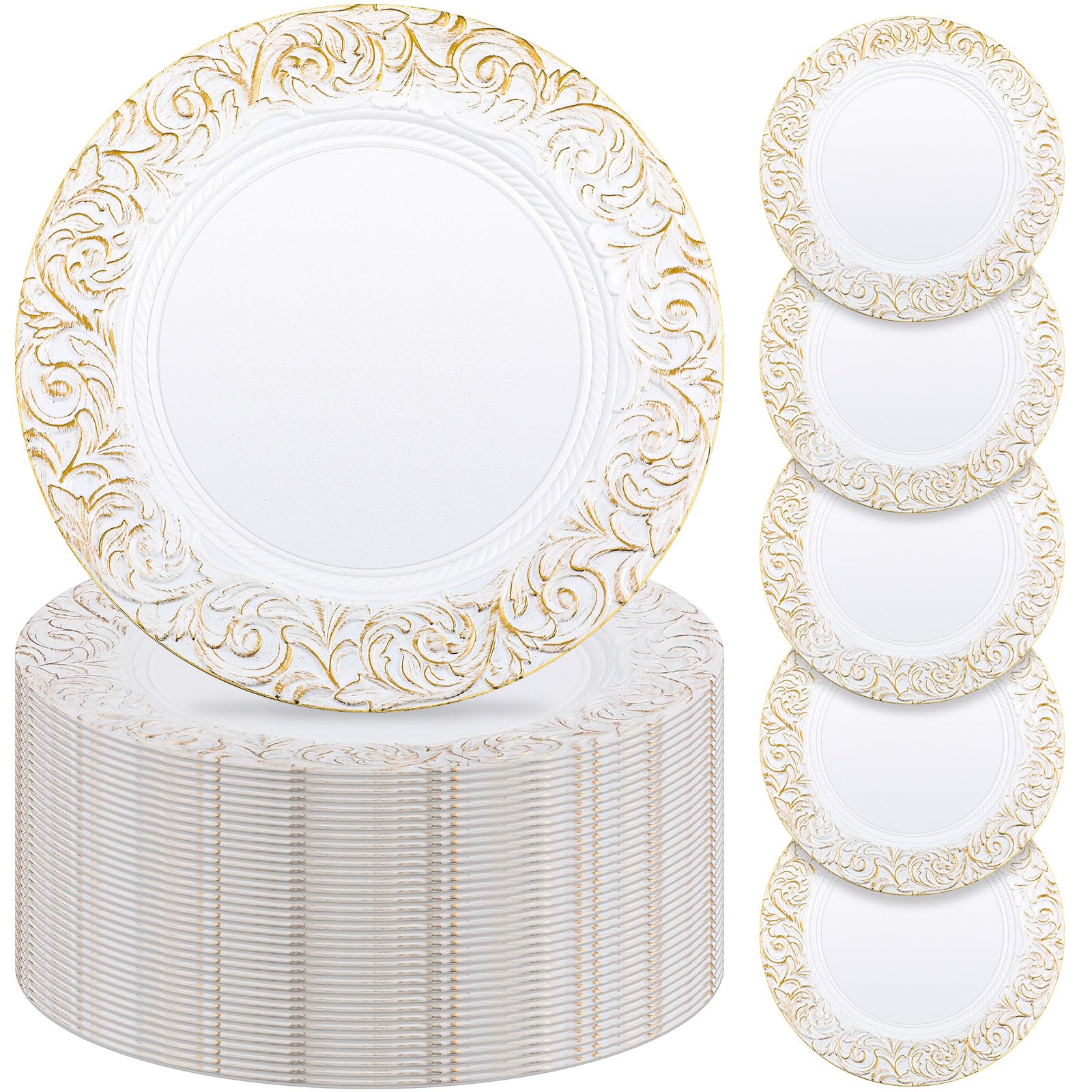 Photo 1 of **NOT IN ORIGINAL PACKAGING**Zhehao 50 Pcs Antique Charger Plates Bulk 13 Inch Embossed Rim Plastic Decorative Round for Dinner Wedding Party Event Table Setting Decoration(White)