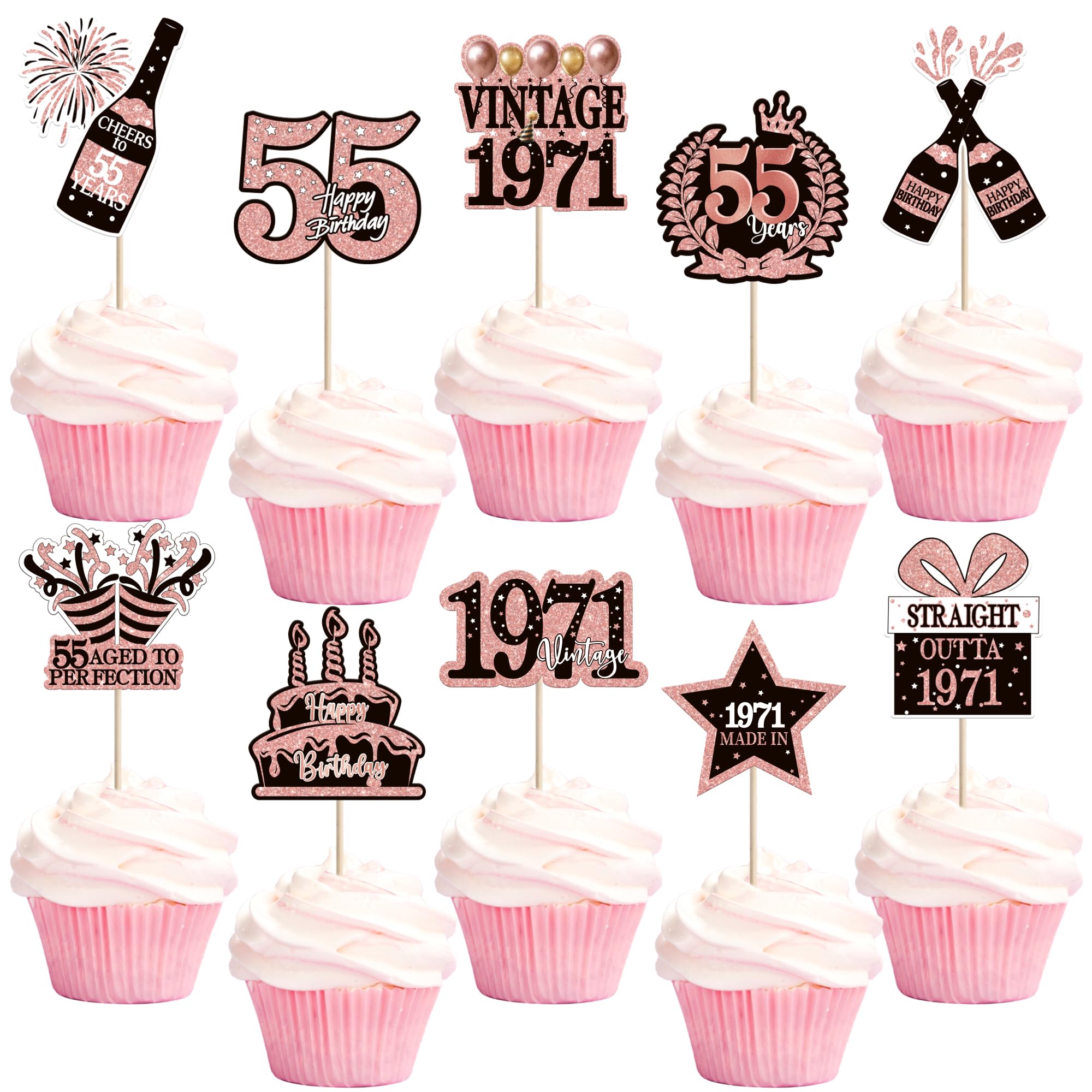 SYKYCTCY 40 Pack Happy 55th Birthday Cupcake Toppers Glitter Sixty Vintage 1971 Cupcake Picks Cheers to 55 Years Cupcake Picks for 55th Birthday Party Cake Decor Supplies