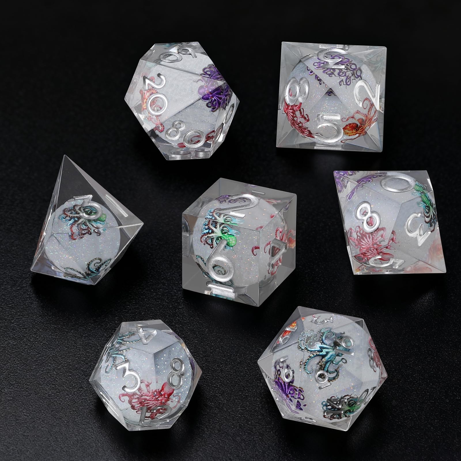 ORUZA 7 PCS Polyhedral Liquid Core DND Dice, Resin Sharp Edge Quicksand D&D Dice Set for Dungeons and Dragons RPG MTG Role Playing Game Dice D20 D12 D10 D8 D6 D4 D%