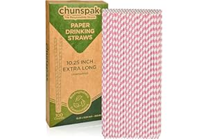 CHUNSPAK Biodegradable Pink Paper Straws for Drinking - 10 Inches Long, 0.24" Diameter, Pack of 100