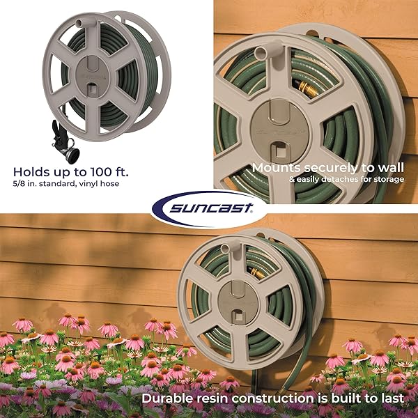 SUNCAST 100 FT GARDEN HOSE HOLDER WALL MOUNT, TAUPE HEAVY-DUTY WALL MOUNTED WATER HOSE REEL FOR OUTSIDE USE, MANUALLY RETRACTABLE SIDEWINDER, OPEN SPACE-SAVING STORAGE, MADE IN THE USA
