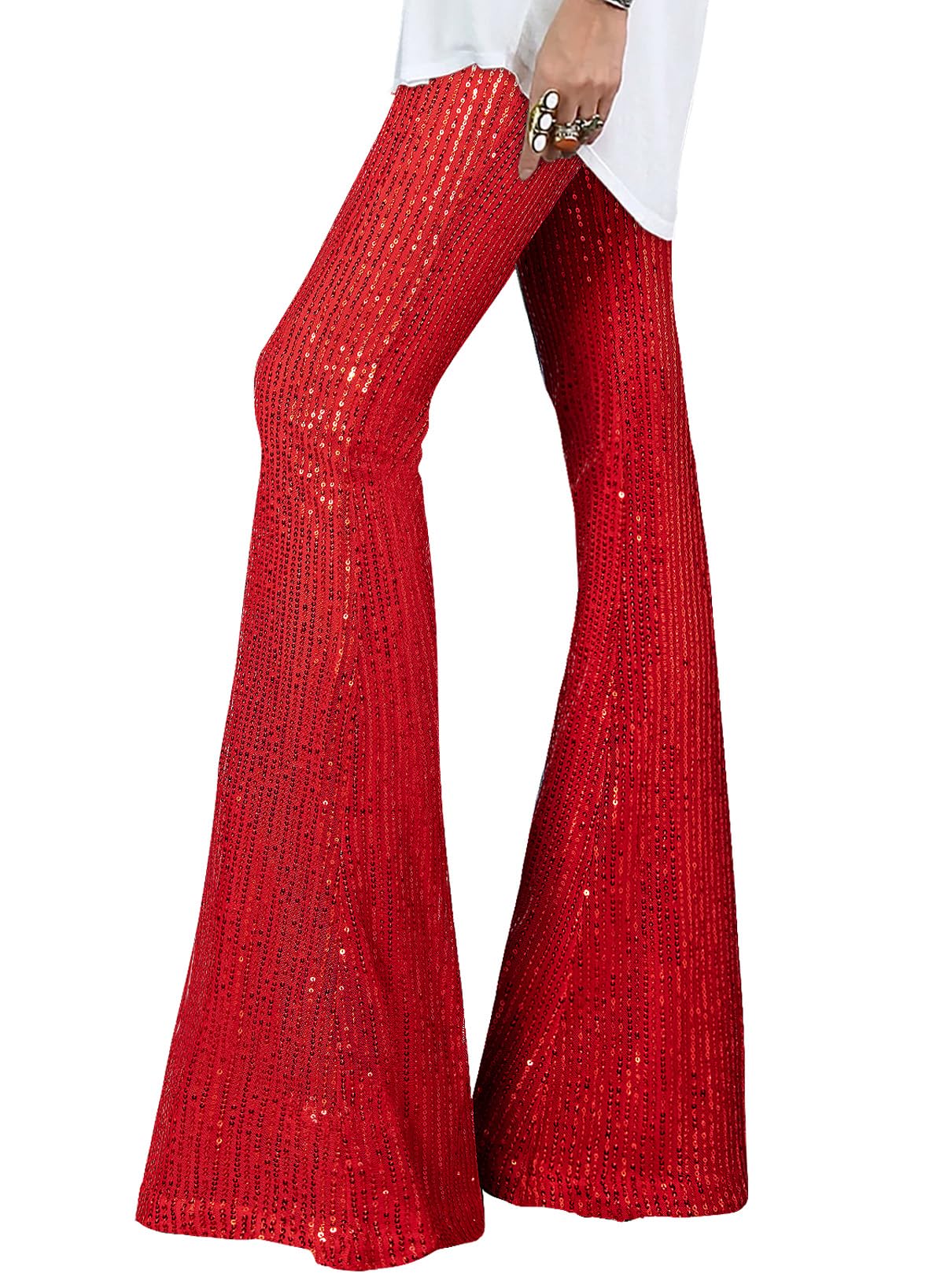 Photo 1 of EVALESS Women's 70s Disco Pants Sparkly High Waisted Wide Leg Flared Bell Bottom Party Clubwear Fiery Red L
