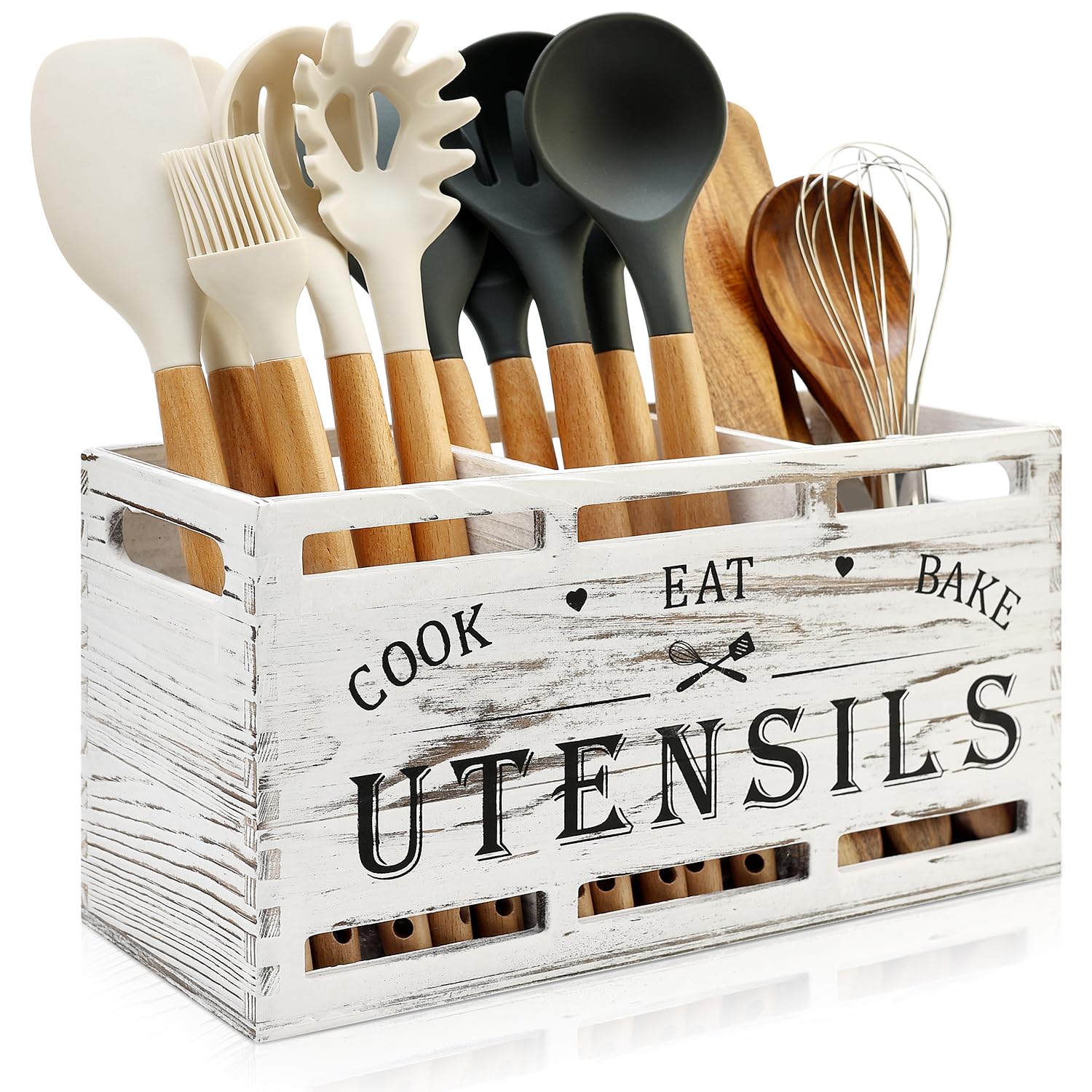 Photo 1 of Wood Large Utensil Holder for Kitchen Counter Spatula Holder Cooking Utensils Organizer Farmhouse Utensil Caddy Rustic White Kitchen Decor Tools Gift Wooden Countertop Cutlery Caddy Spoon Holder